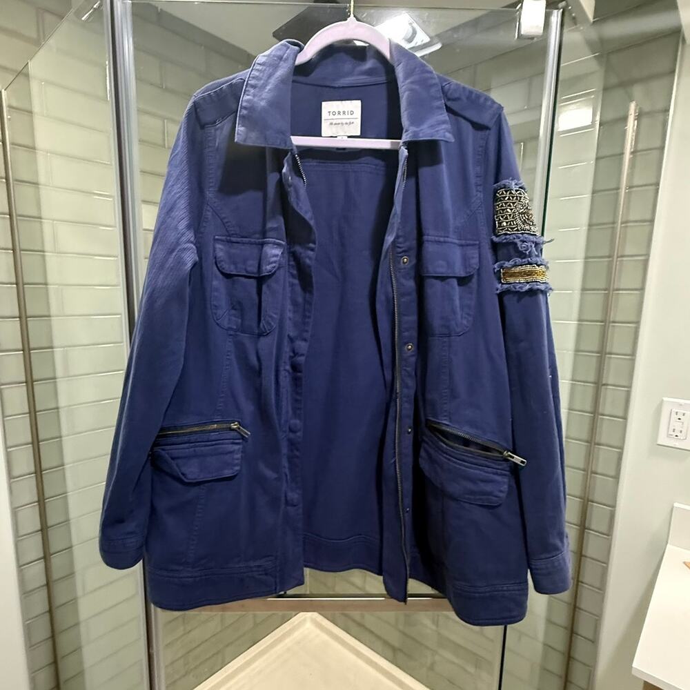 Torrid Size 0 Navy Blue Embellished Military Utility Jacket Beaded Patches